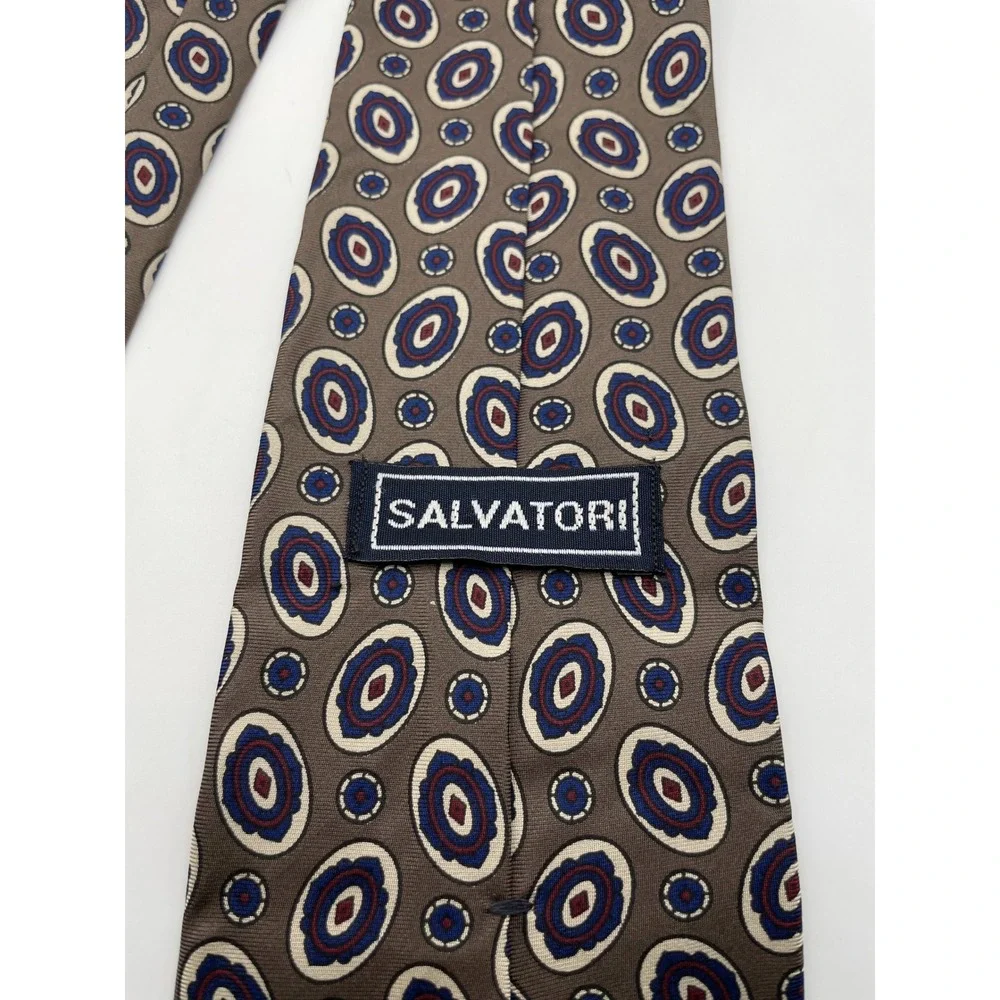 Salvatori Mens Silk Tie Taupe Blue Burgundy Geometric Medallion Pattern Classic